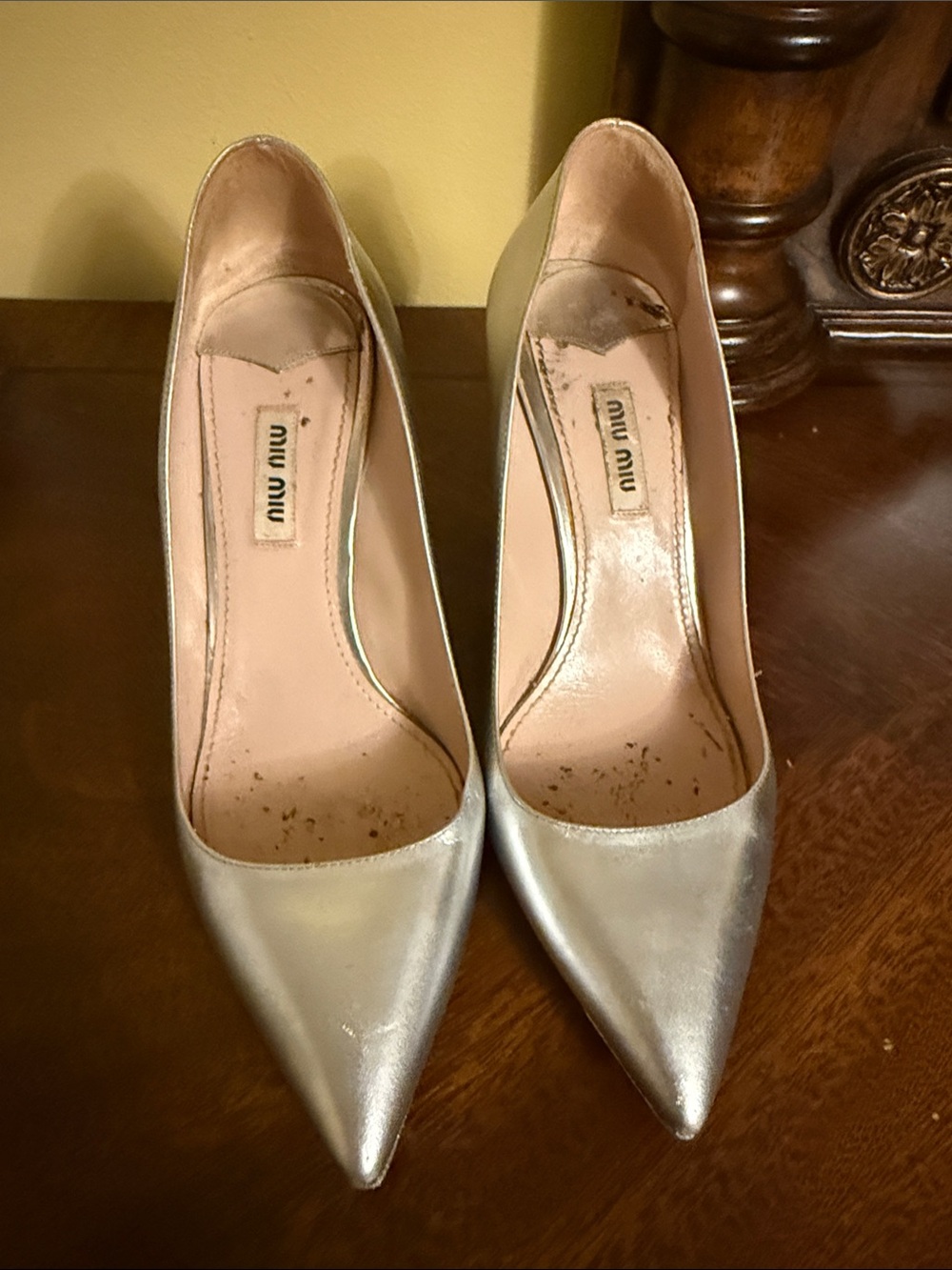 Miu Miu Metallic Silver Pointed-Toe Pumps